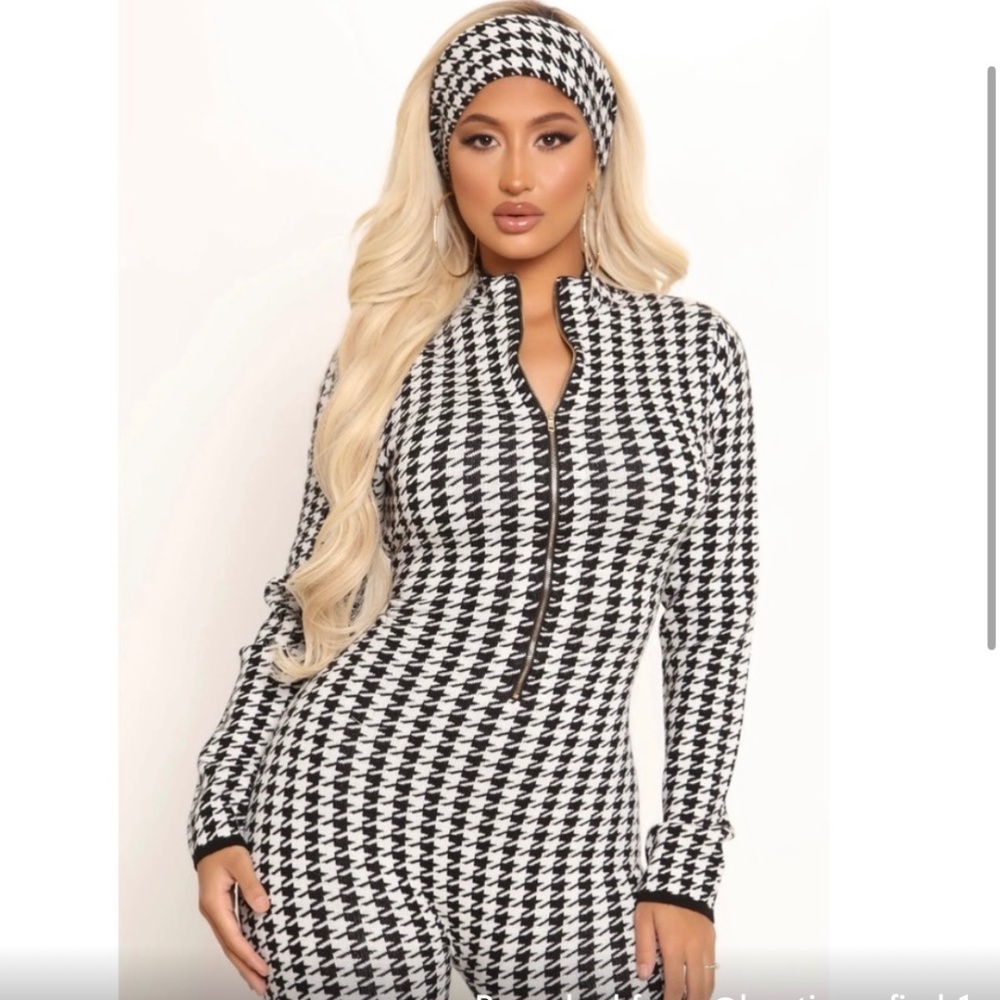 Long Sleeve Houndstooth Pant Jumpsuit